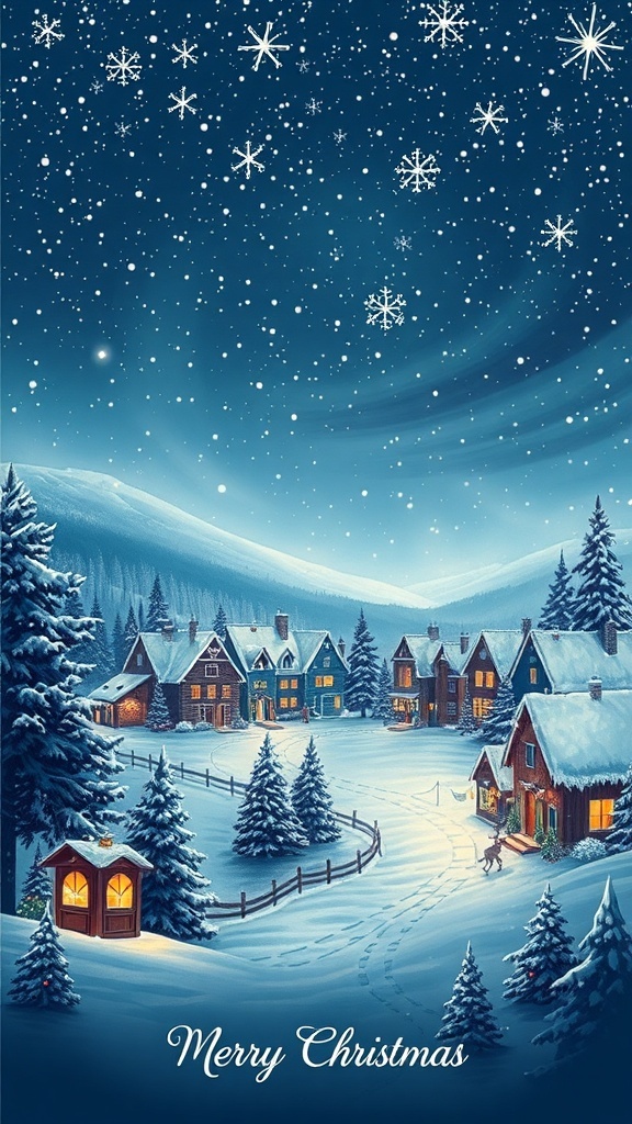 A festive landscape Christmas card showcasing a snowy village with lights and decorations.